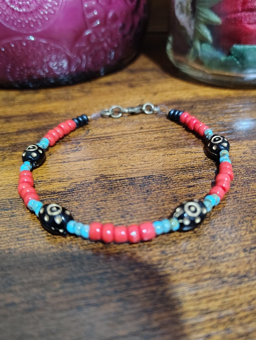 Handcrafted Coral Red & Turquoise Men's Beaded Bracelet with Black Accent Beads